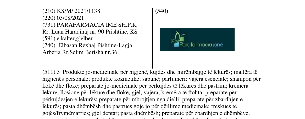 Zëri i markës PARAFARMACIA JONË në buletin