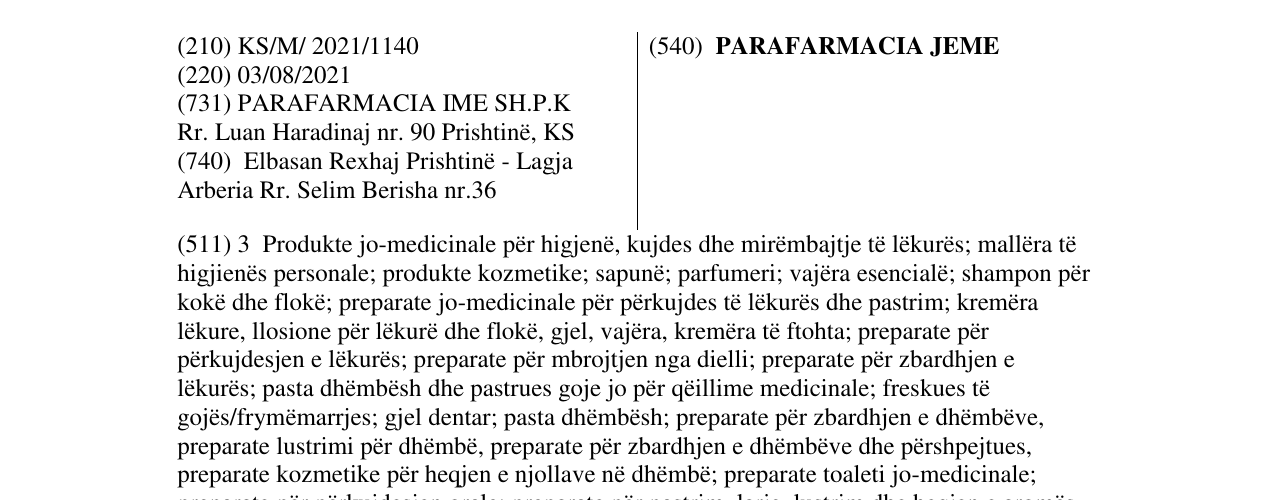 Zëri i markës PARAFARMACIA JEME në buletin