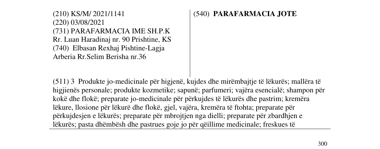Zëri i markës PARAFARMACIA JOTE në buletin