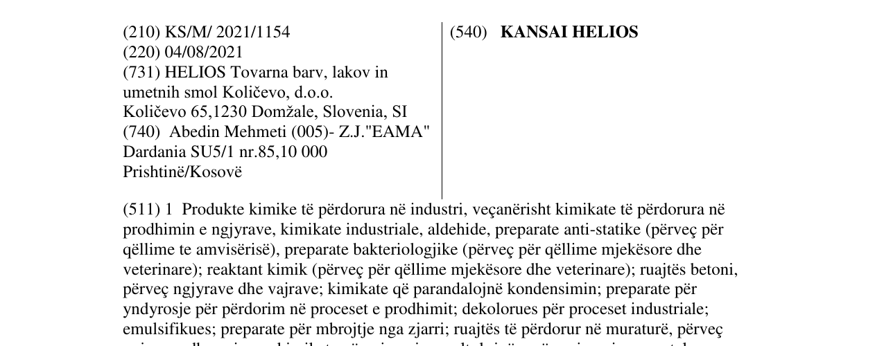 Zëri i markës KANSAI HELIOS në buletin