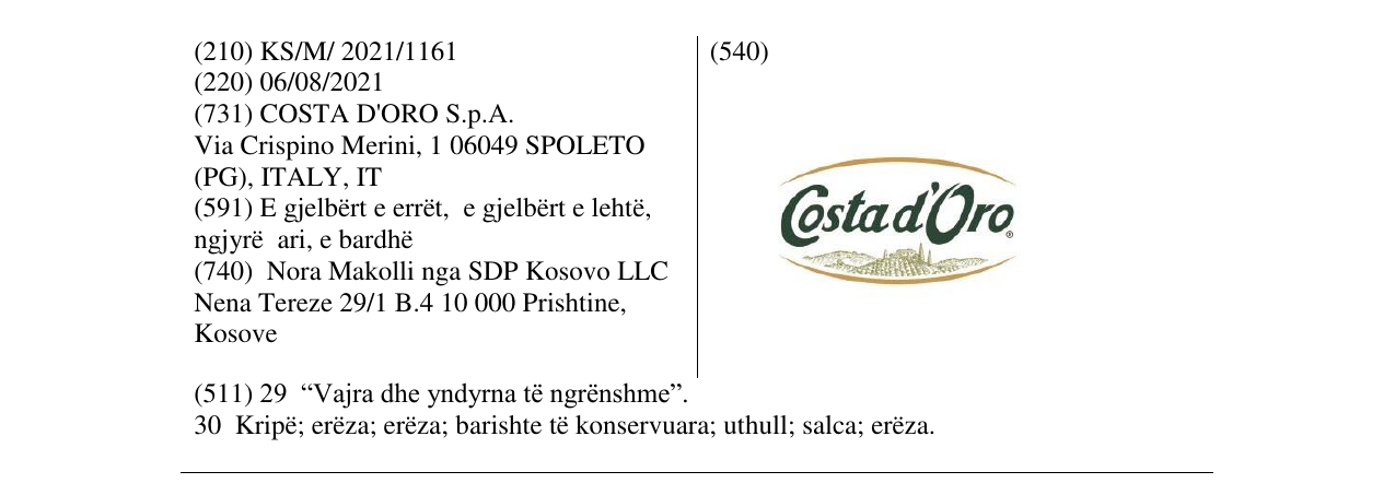 Zëri i markës Costa d'Oro në buletin