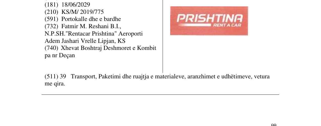 Zëri i markës PRISHTINA RENT A CAR në buletin