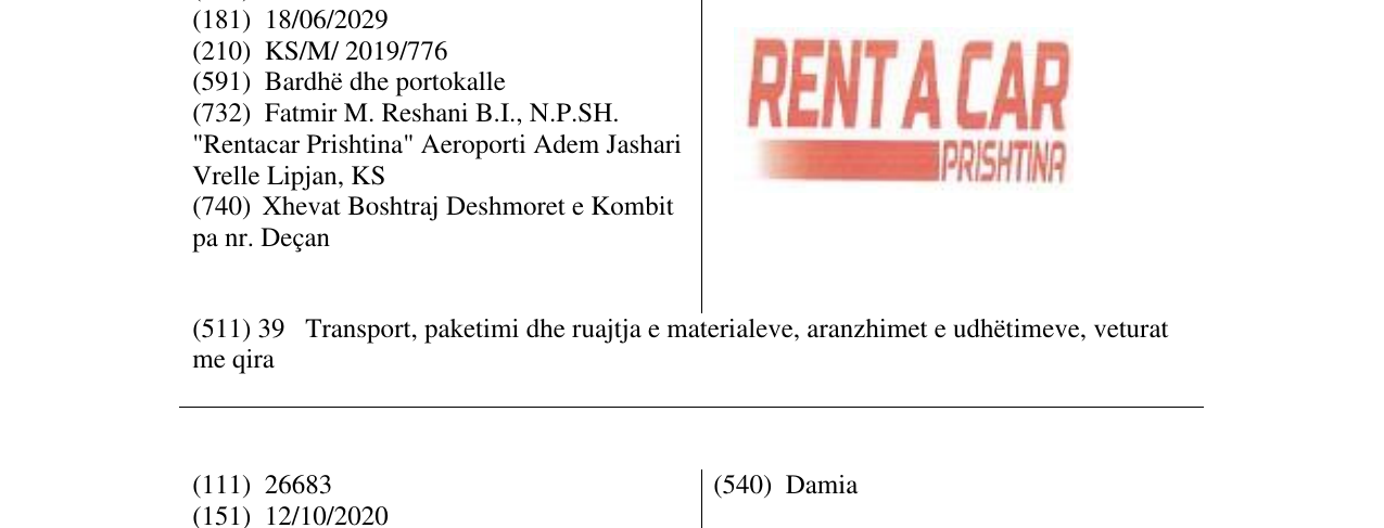 Zëri i markës RENT A CAR në buletin