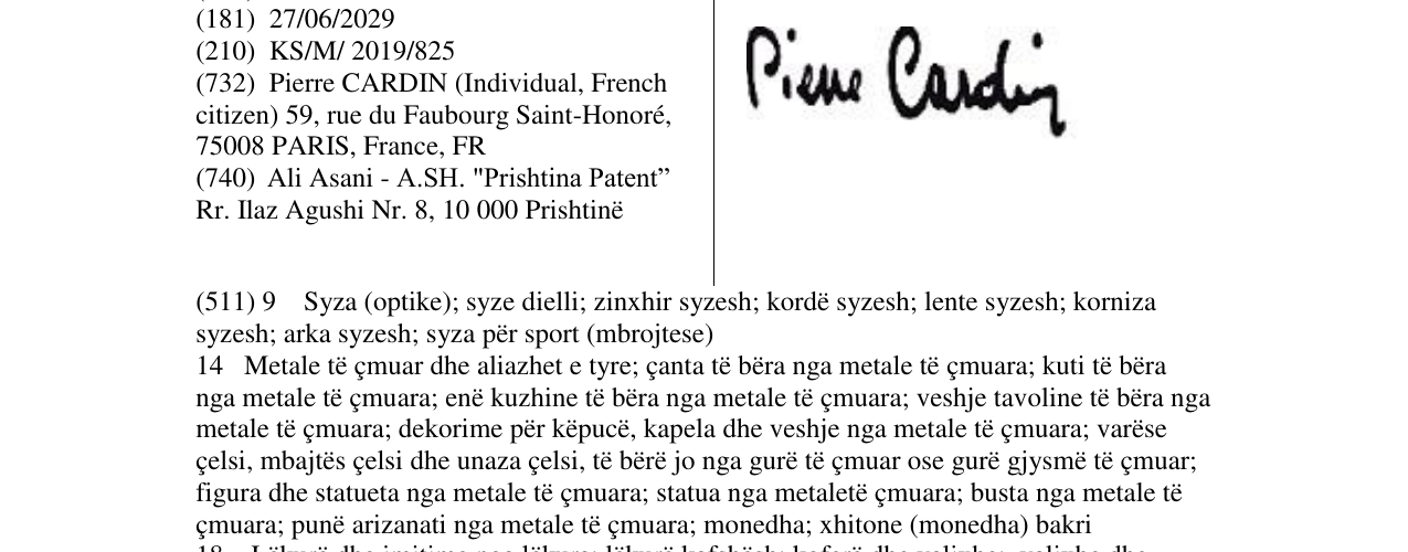 Zëri i markës Pierre Cardin në buletin