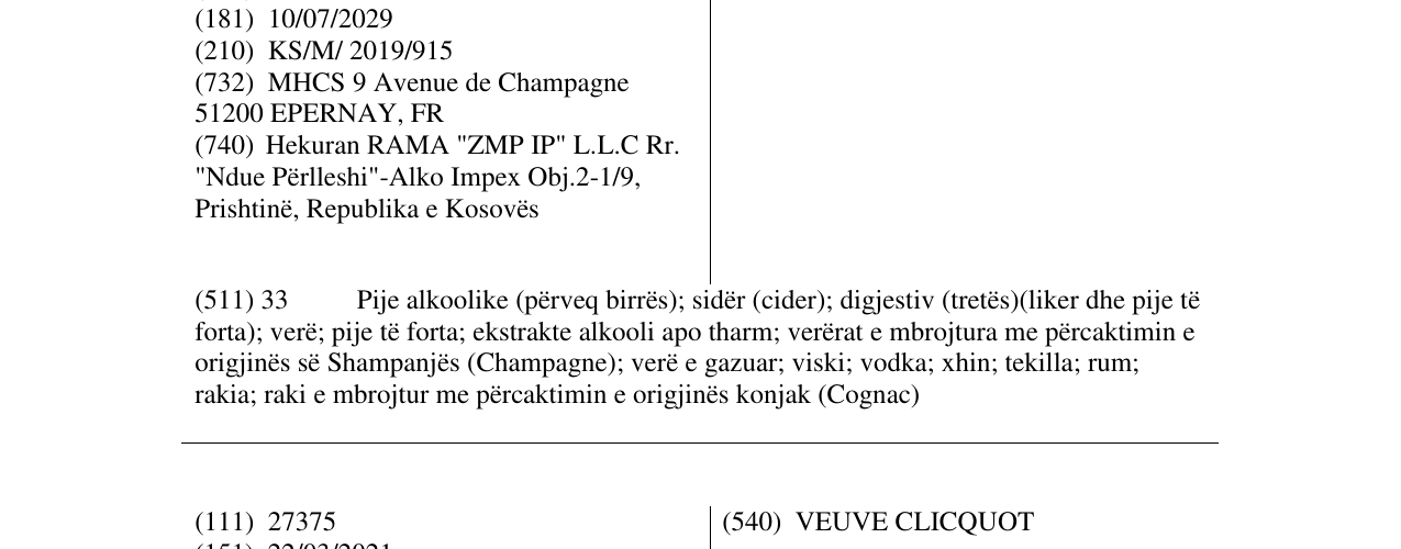 Zëri i markës DOM PERIGNON në buletin