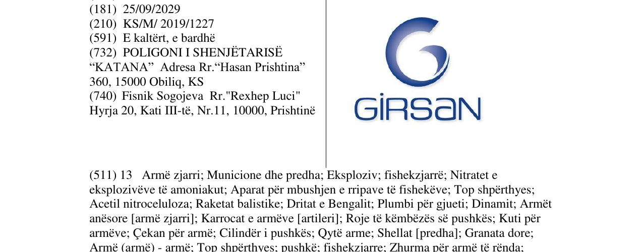 Zëri i markës POLIGONI I SHENJËTARISË “KATANA” në buletin