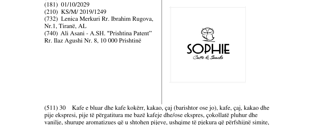 Zëri i markës SOPHIE Caffe & Snacks në buletin
