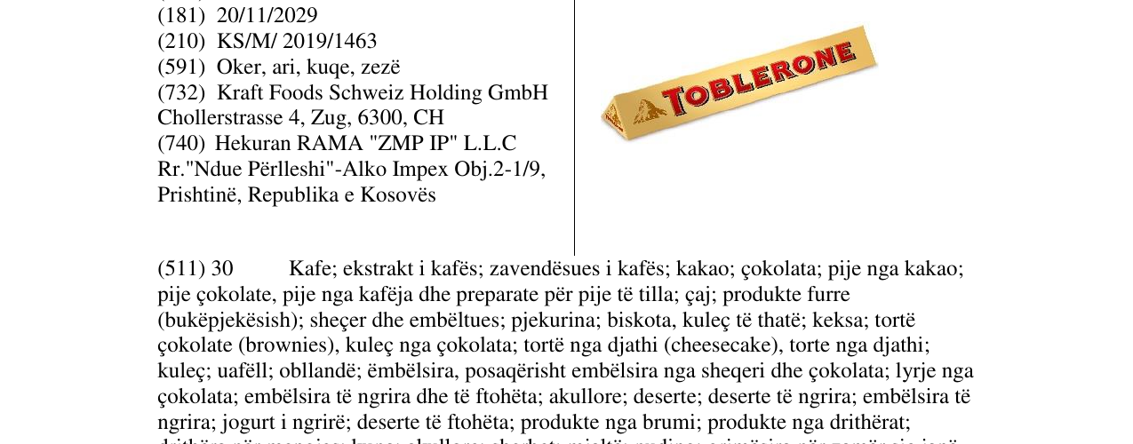 Zëri i markës TOBLERONE në buletin