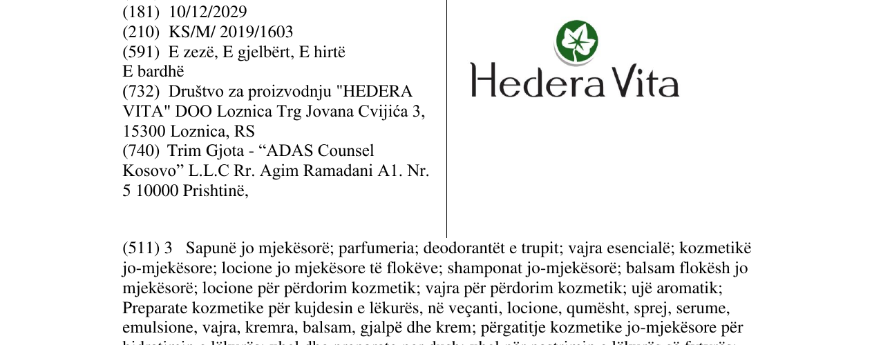 Zëri i markës Hedera Vita në buletin