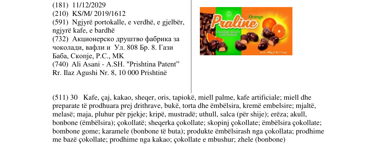 Zëri i markës Praline Orange në buletin