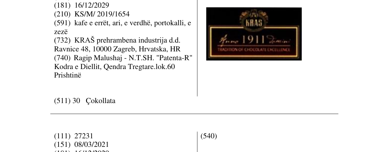 Zëri i markës KRAS 1911 në buletin