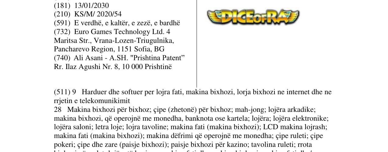 Zëri i markës DICE OF RA në buletin