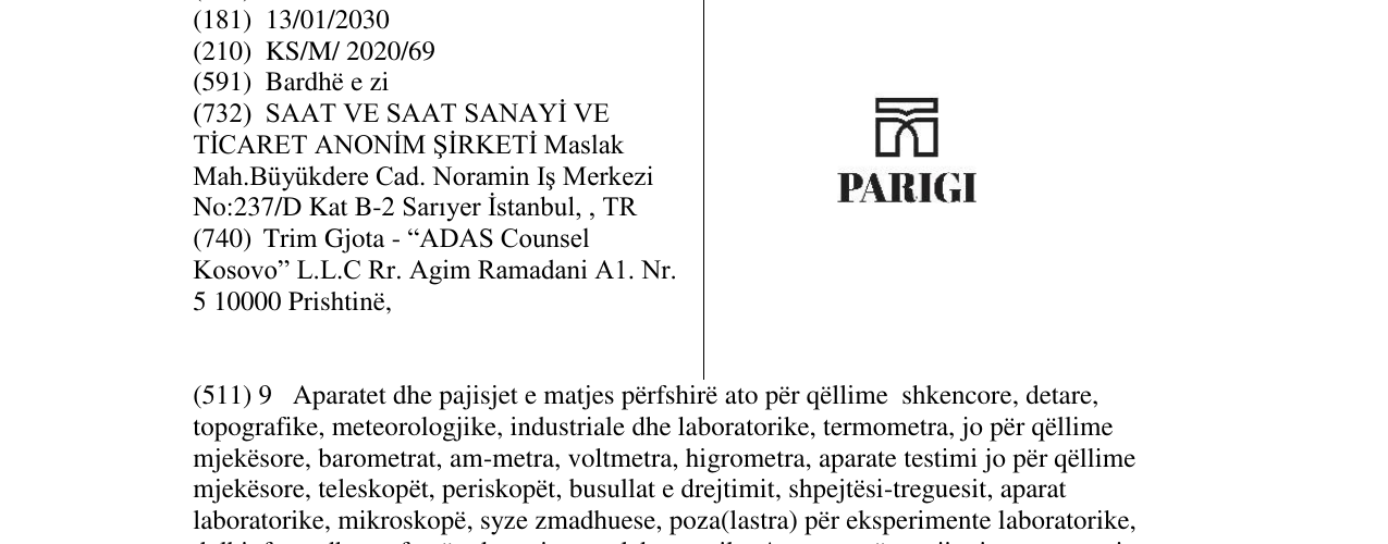 Zëri i markës PARIGI në buletin