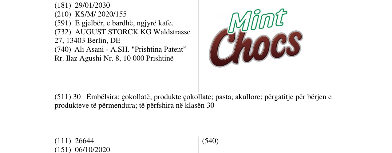 Zëri i markës Mint Chocs në buletin