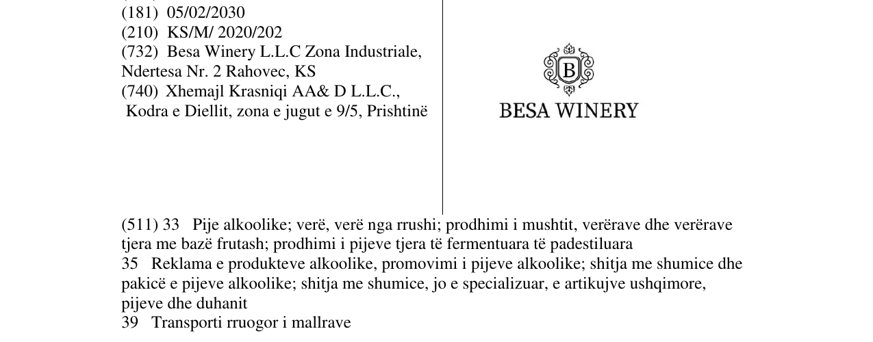 Zëri i markës BESA WINERY në buletin