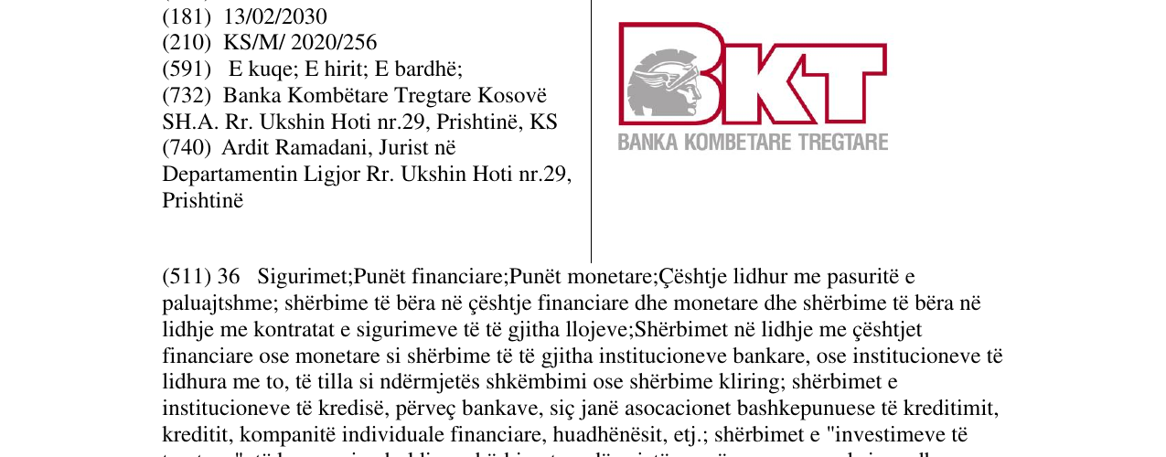 Zëri i markës BKT BANKA KOMBETARE TREGTARE në buletin