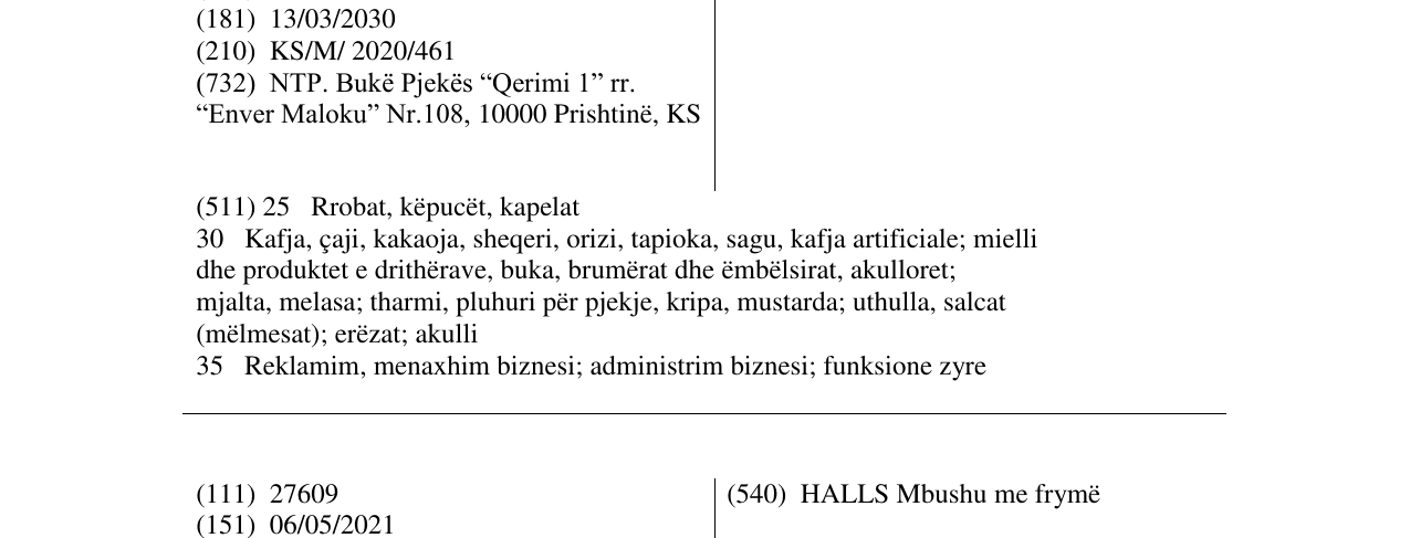 Zëri i markës FURRA BUKËPJEKËS QERIMI në buletin