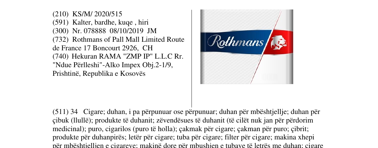 Zëri i markës ROTHMANS në buletin