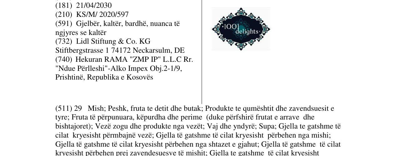 The entry of the trademark 1001 delight in the bulletin