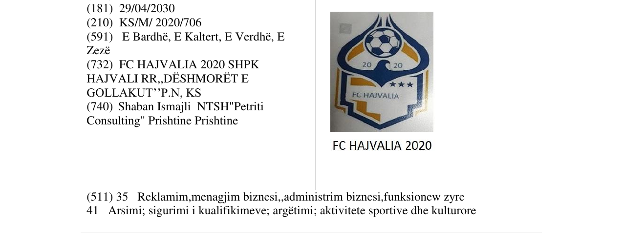 Zëri i markës FC HAJVALIA 2020 në buletin