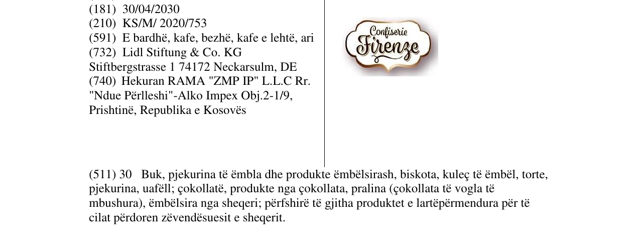 Zëri i markës Confiserie Firenze në buletin