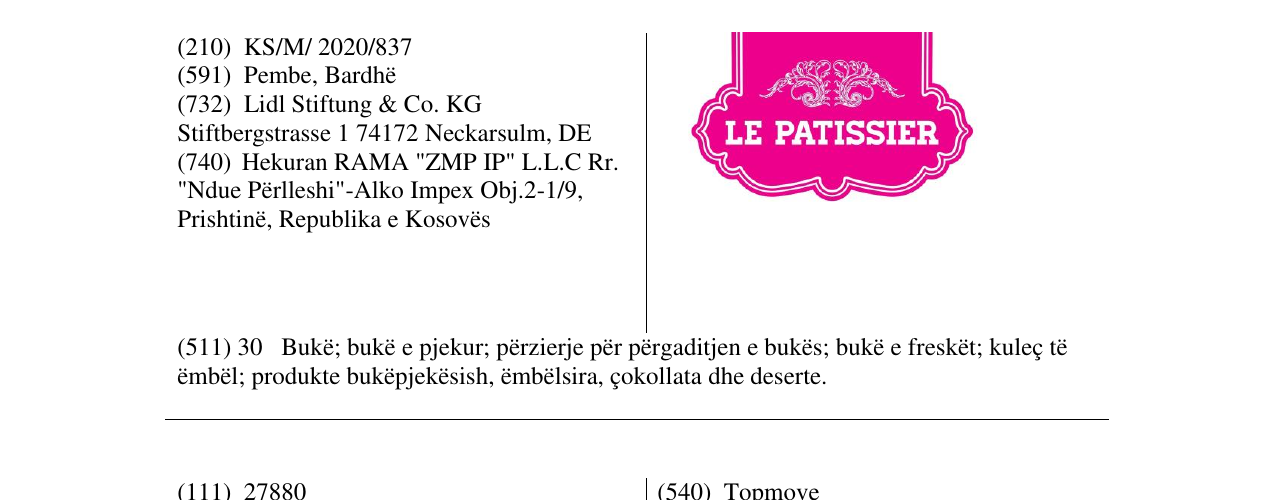Zëri i markës LE PATISSIER në buletin