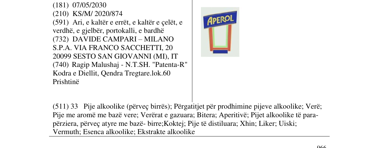 Zëri i markës APEROL në buletin