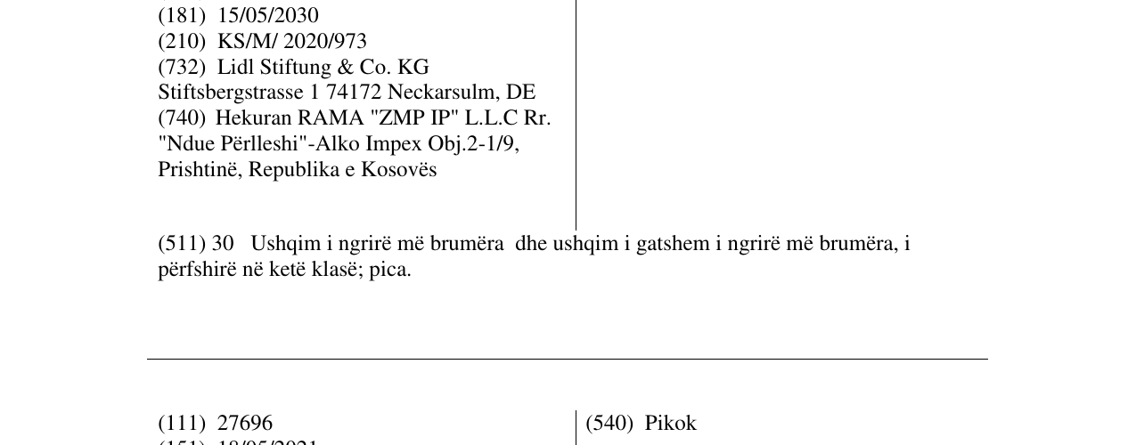 Zëri i markës Picco Pizzi në buletin