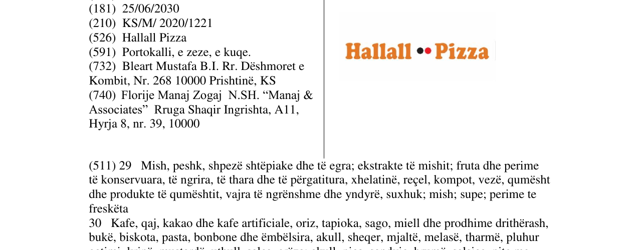 Zëri i markës HALLALL PIZZA në buletin