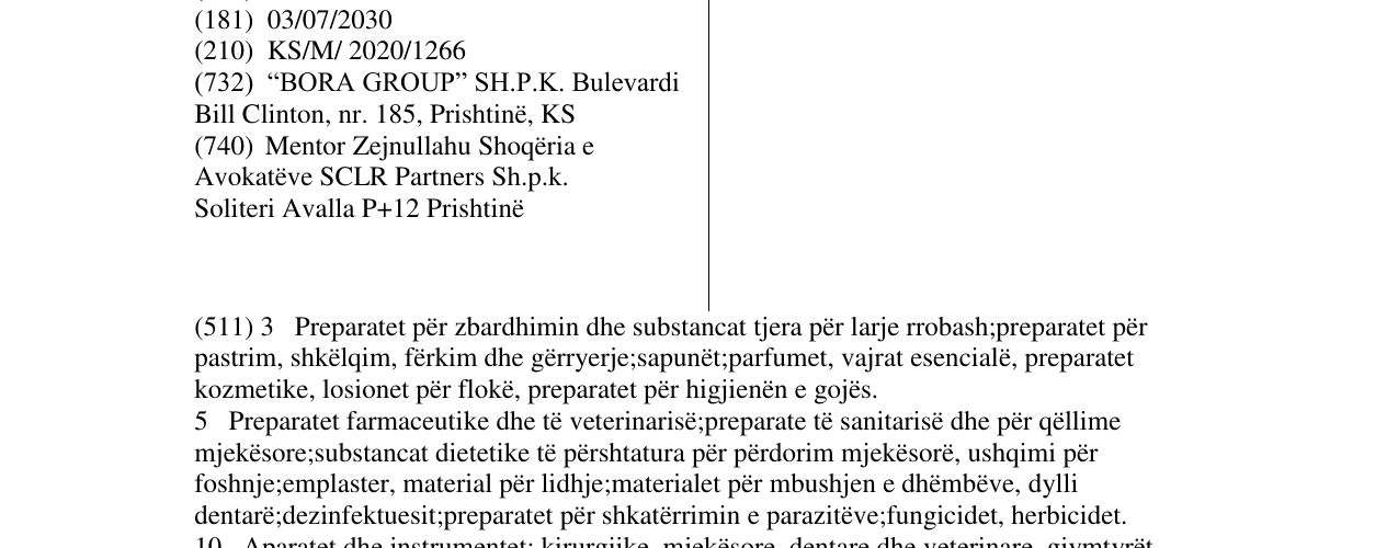 Zëri i markës BORA PHARMACY në buletin