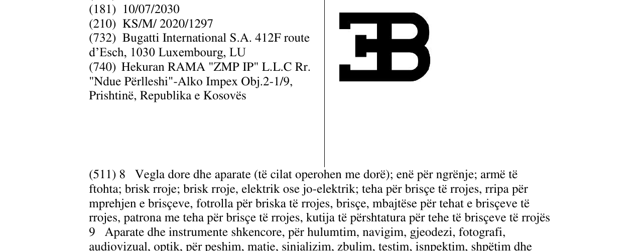 Zëri i markës BUGATTI në buletin