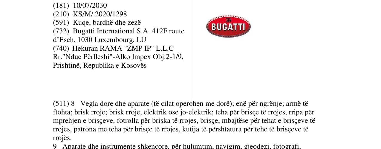 Zëri i markës BUGATI në buletin