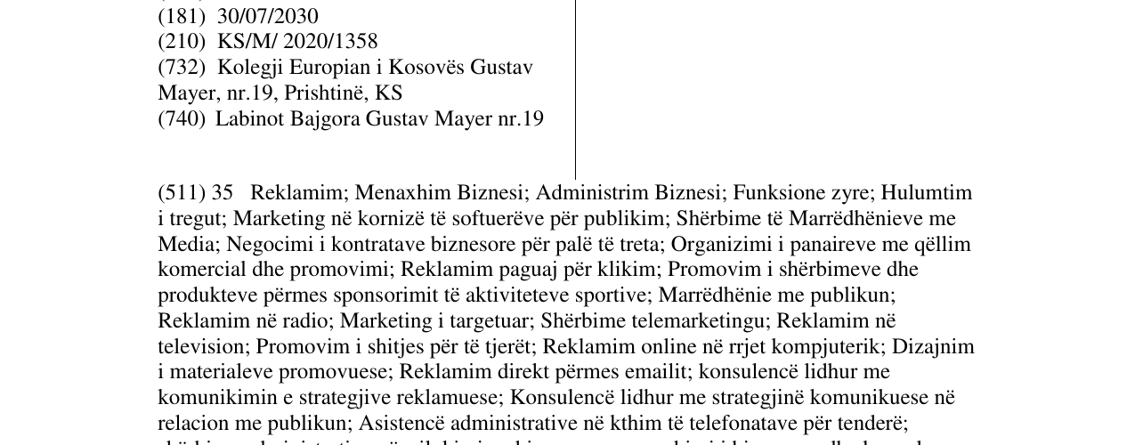 Zëri i markës European College of Kosovo në buletin