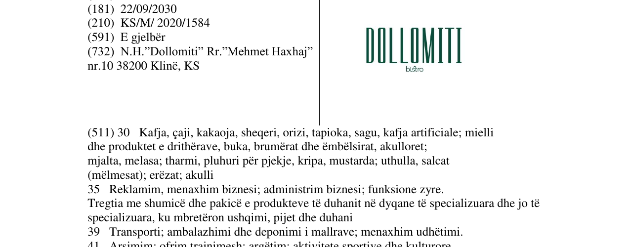 Zëri i markës DOLLOMITI në buletin