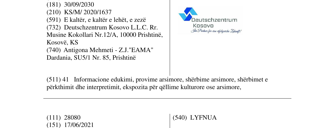 Zëri i markës Deutschzentrum Kosovo L.L.C. në buletin