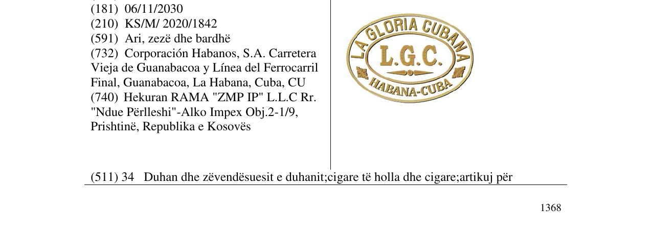 Zëri i markës LA GLORIA CUBANA në buletin