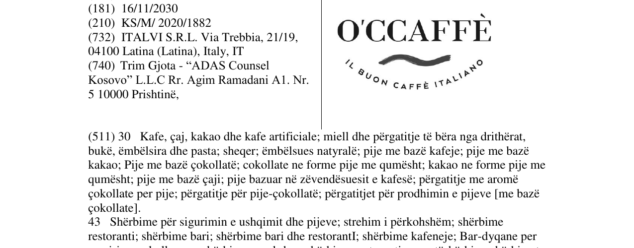 Zëri i markës O'CCAFFE në buletin
