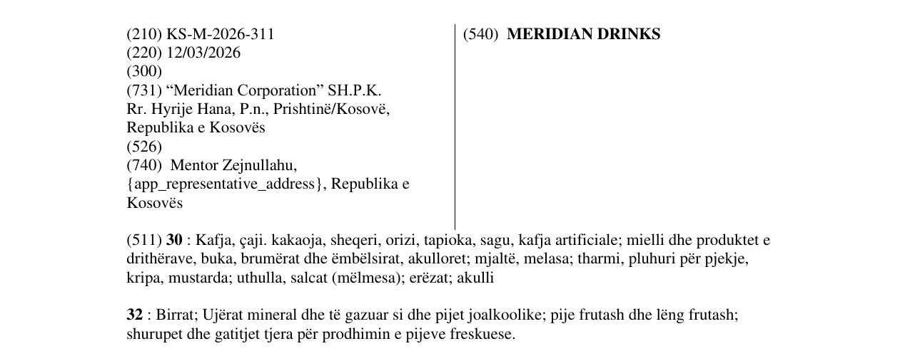 Zëri i markës MERIDIAN DRINKS në buletin