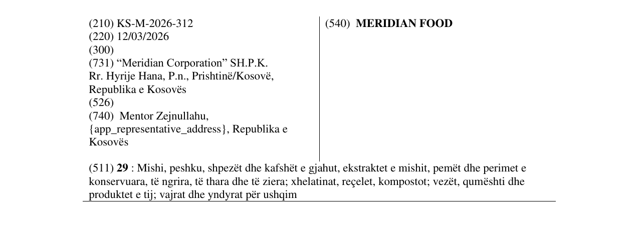 Zëri i markës MERIDIAN FOOD në buletin
