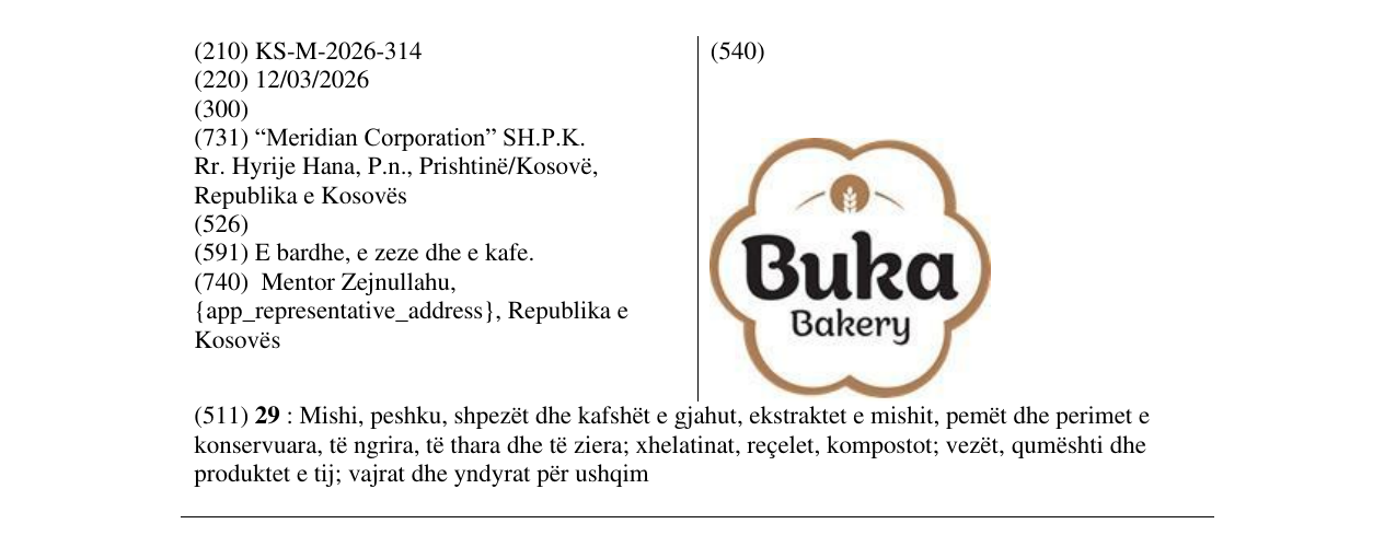 Zëri i markës KS/M/2026/314 në buletin