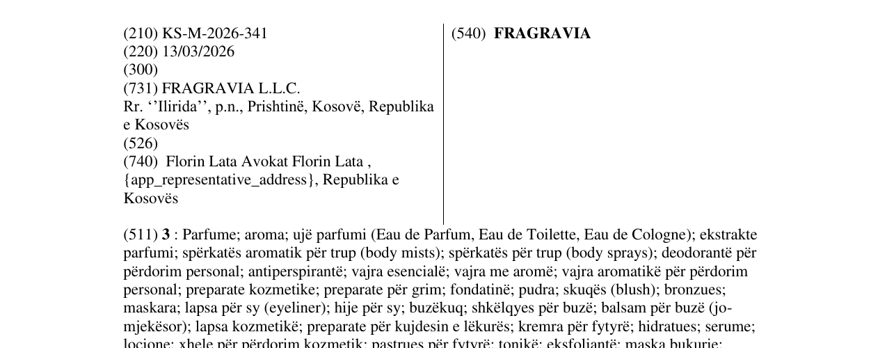 Zëri i markës FRAGRAVIA në buletin