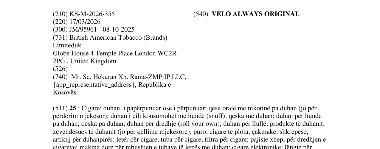 Zëri i markës VELO ALWAYS ORIGINAL në buletin
