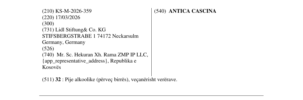 Zëri i markës ANTICA CASCINA në buletin