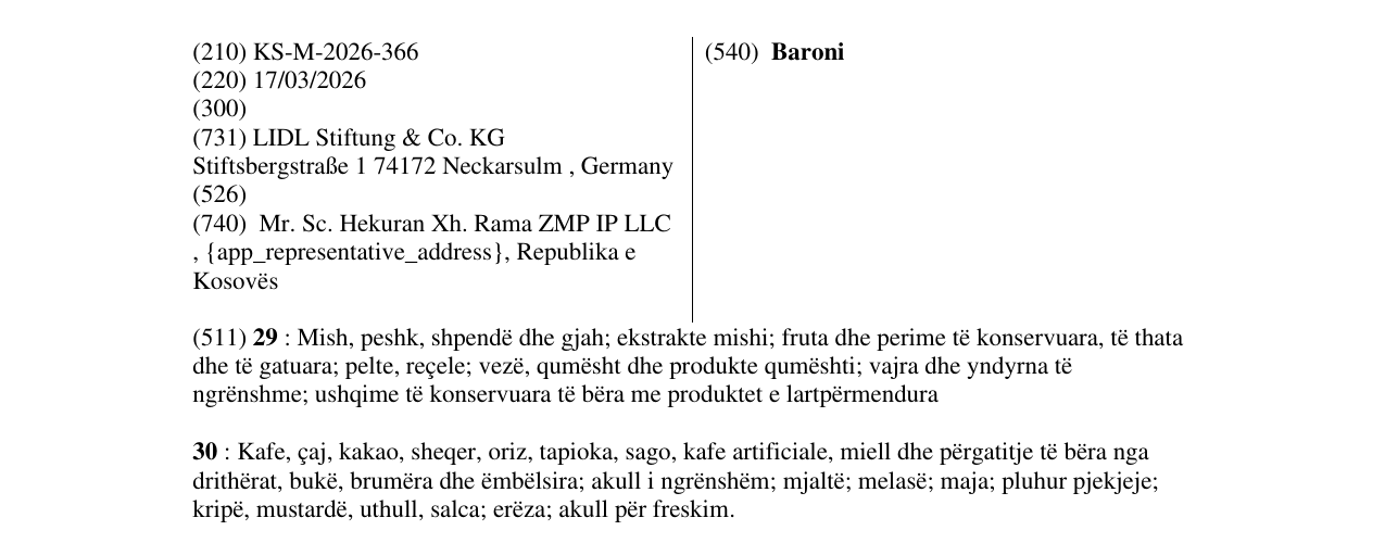 Zëri i markës Baroni në buletin