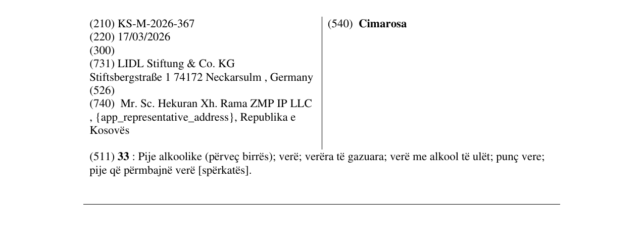 Zëri i markës Cimarosa në buletin