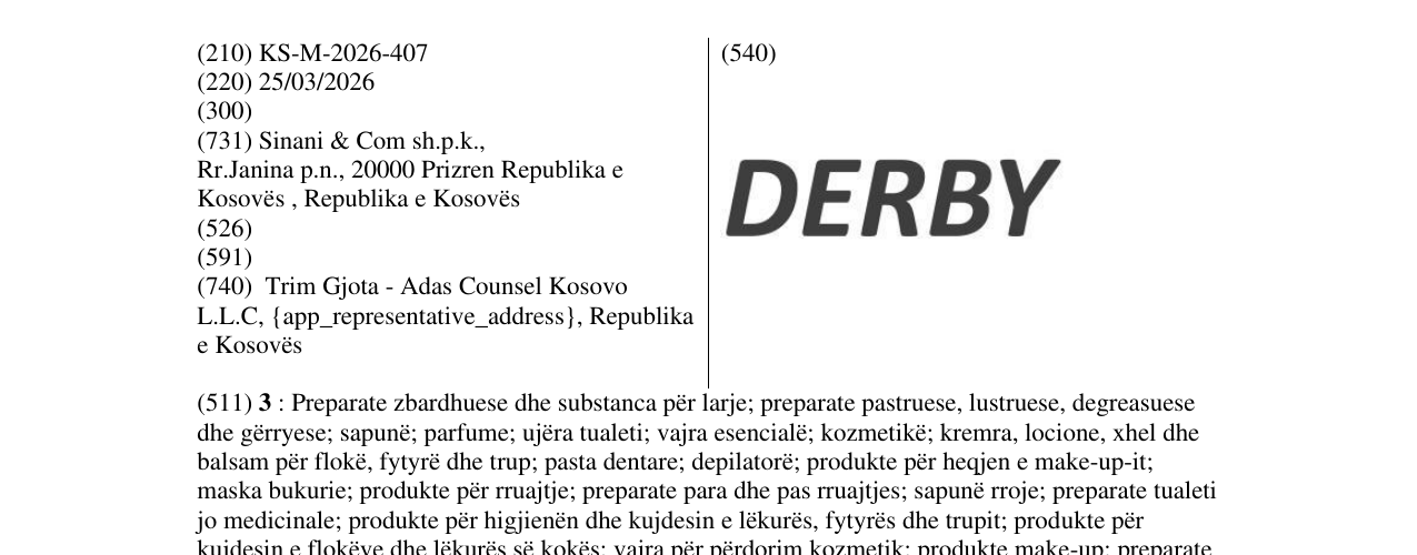 Zëri i markës KS/M/2026/407 në buletin