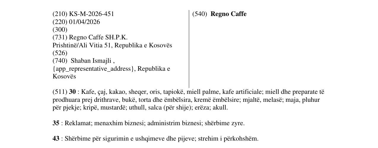 Zëri i markës Regno Caffe në buletin