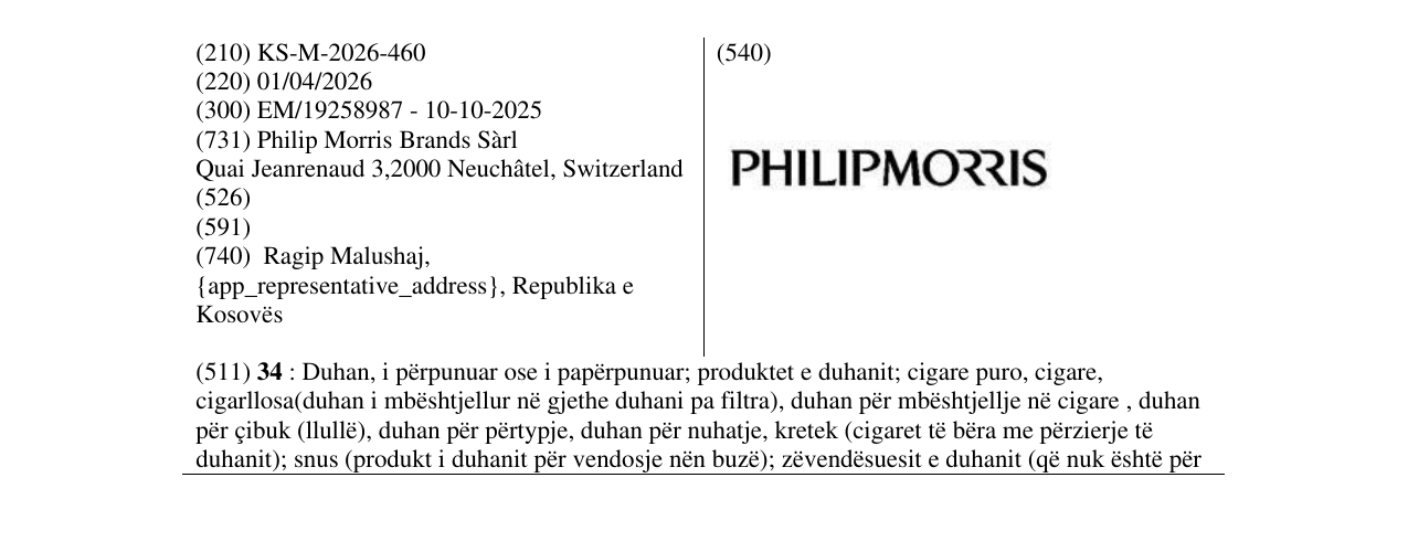 Zëri i markës KS/M/2026/460 në buletin