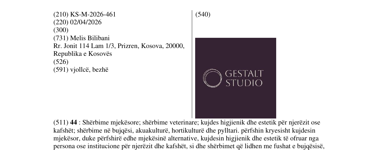 Zëri i markës KS/M/2026/461 në buletin