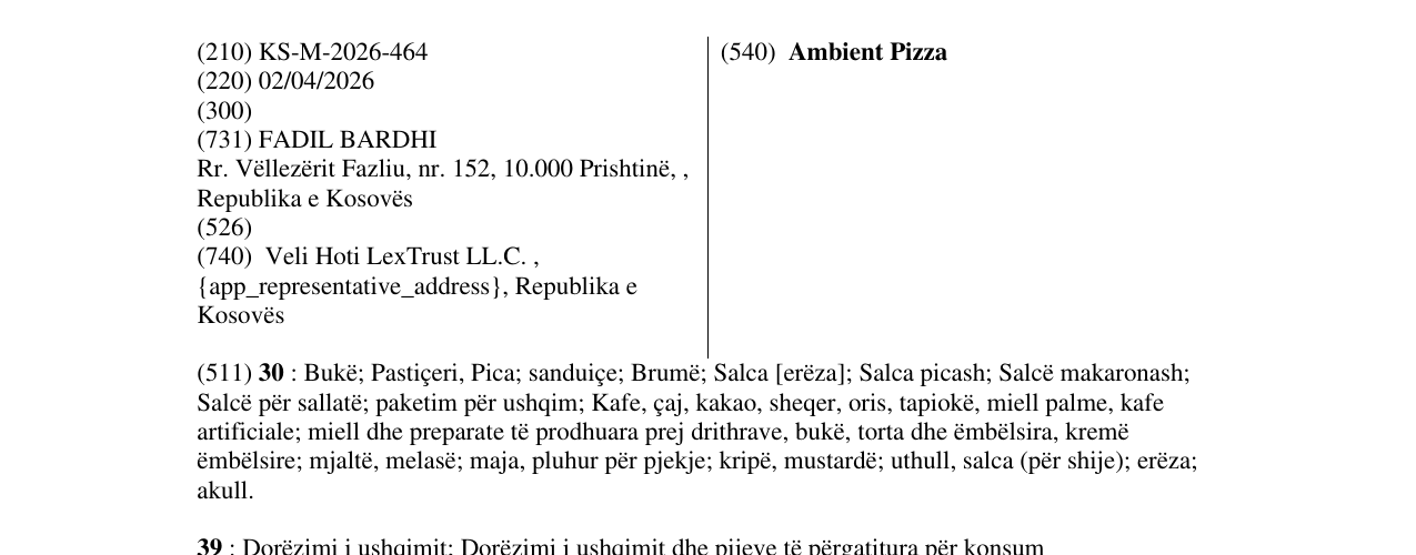 Zëri i markës Ambient Pizza në buletin